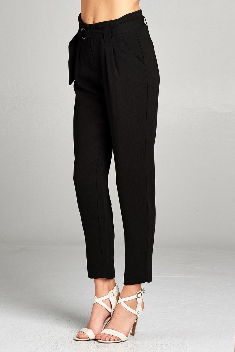 Ladies fashion high rise w/double metal trim belt long leg woven trousers
