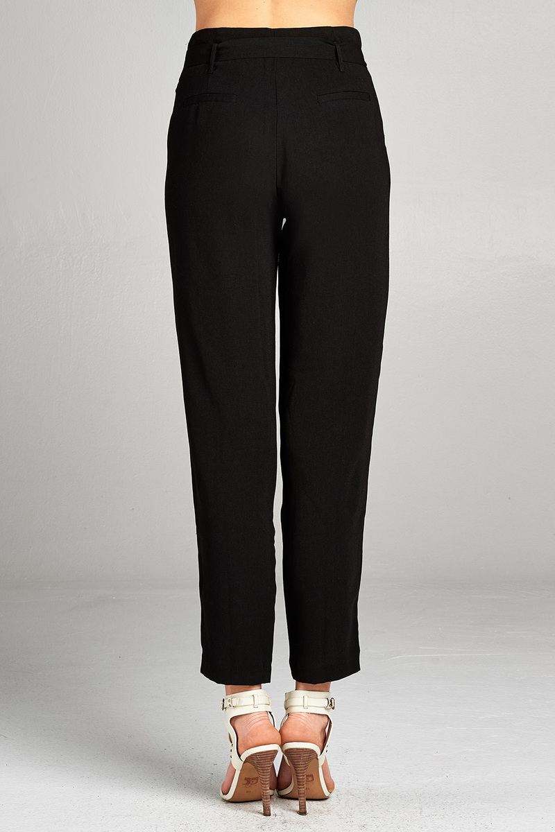 Ladies fashion high rise w/double metal trim belt long leg woven trousers