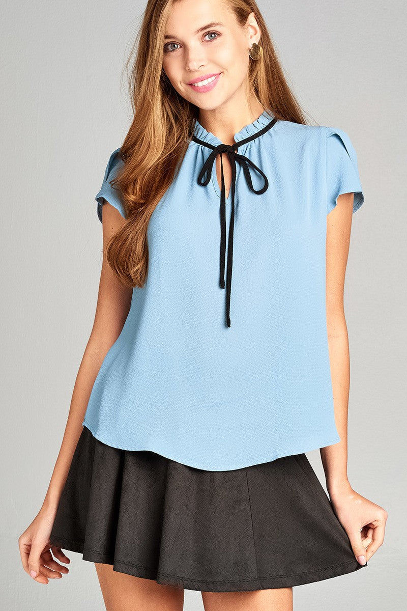 Ladies fashion short tulip sleeve contrast self-tie crepe woven top
