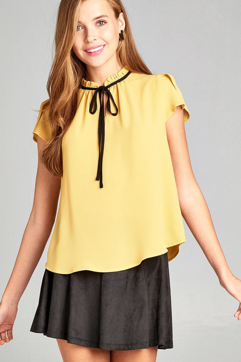 Ladies fashion short tulip sleeve contrast self-tie crepe woven top