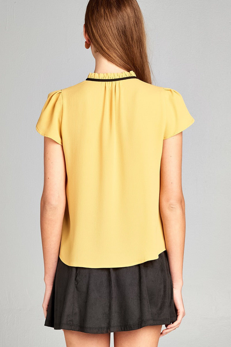 Ladies fashion short tulip sleeve contrast self-tie crepe woven top