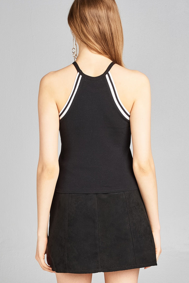 Ladies fashion halter neck w/contrast ribbed cotton spandex crop top