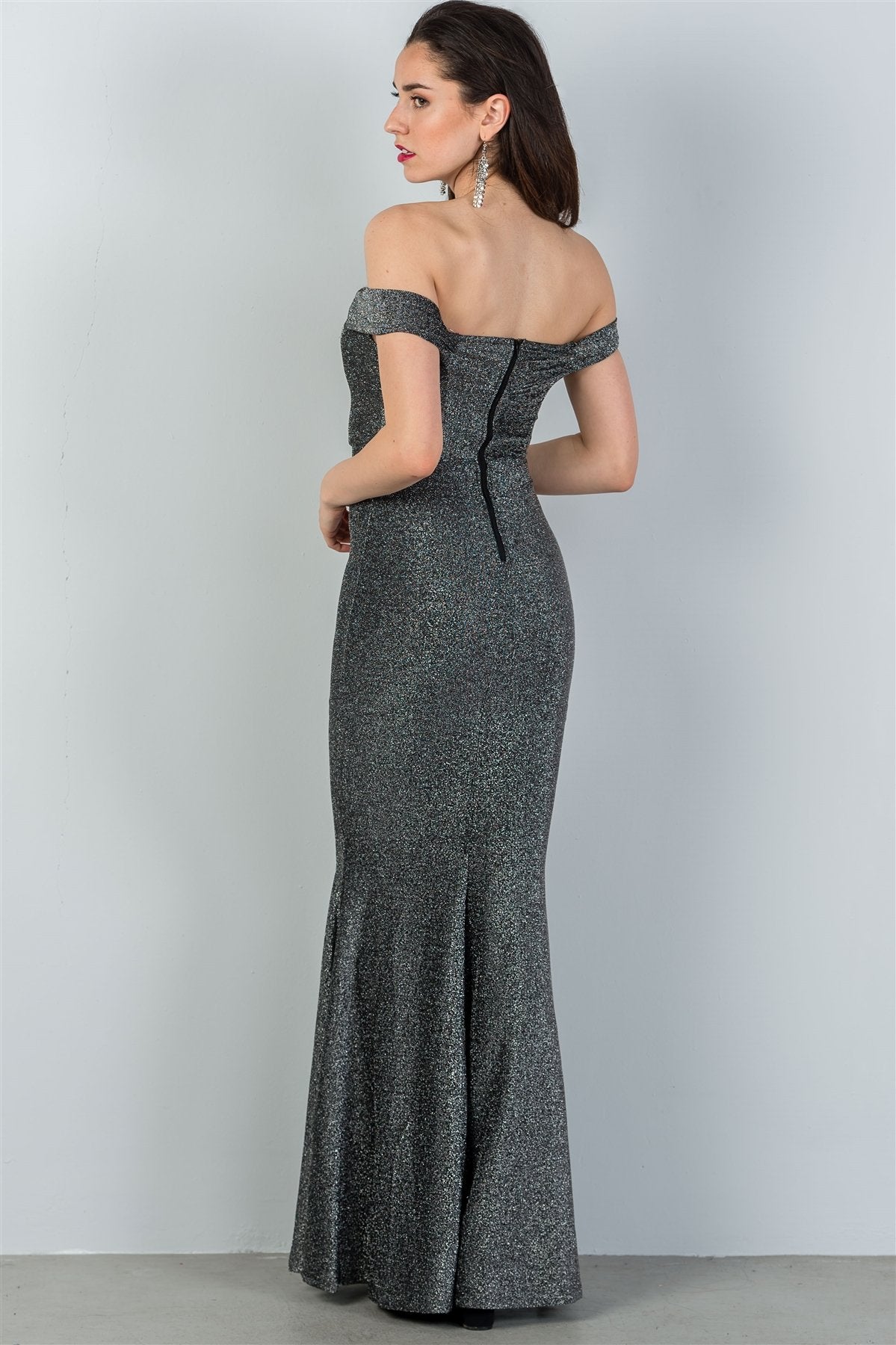 Ladies fashion black & silver glitter off the shoulder mermaid dress