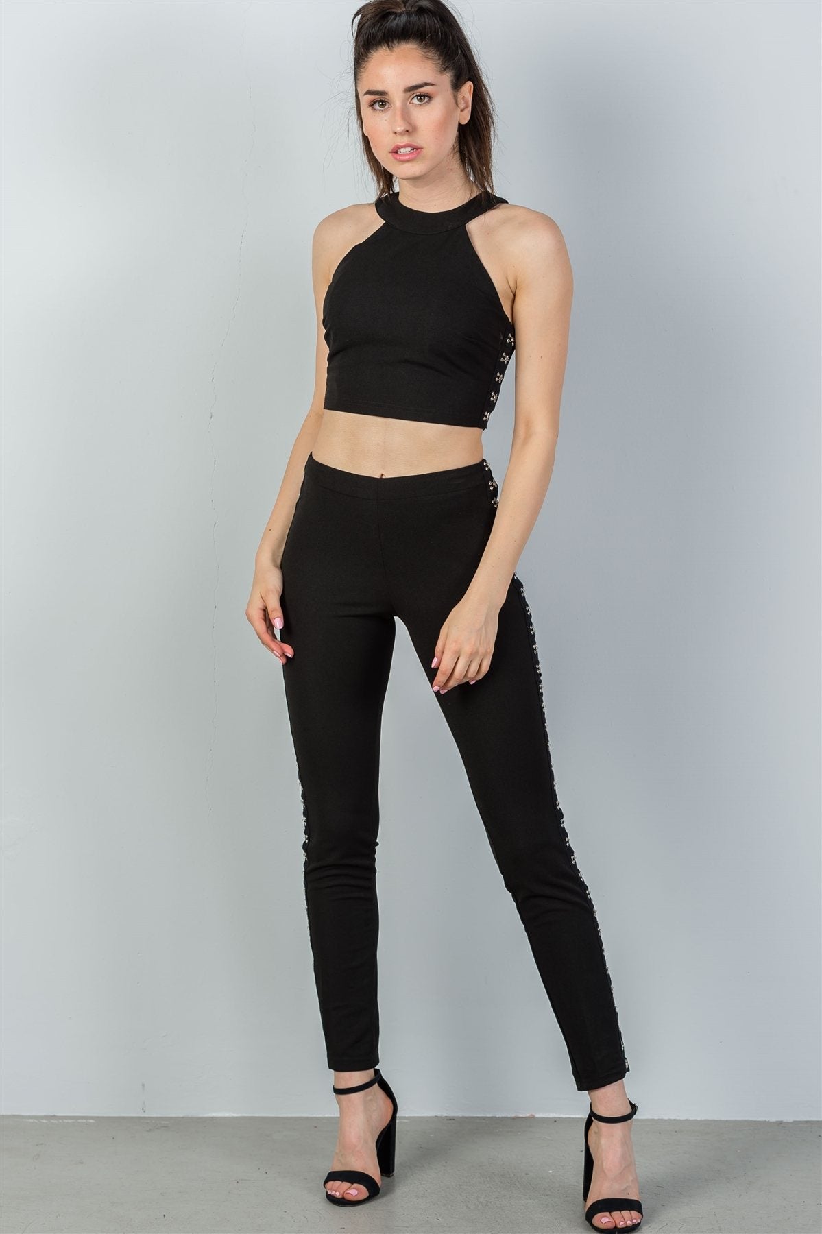 Ladies fashion black with silver hook and eye detail two piece set
