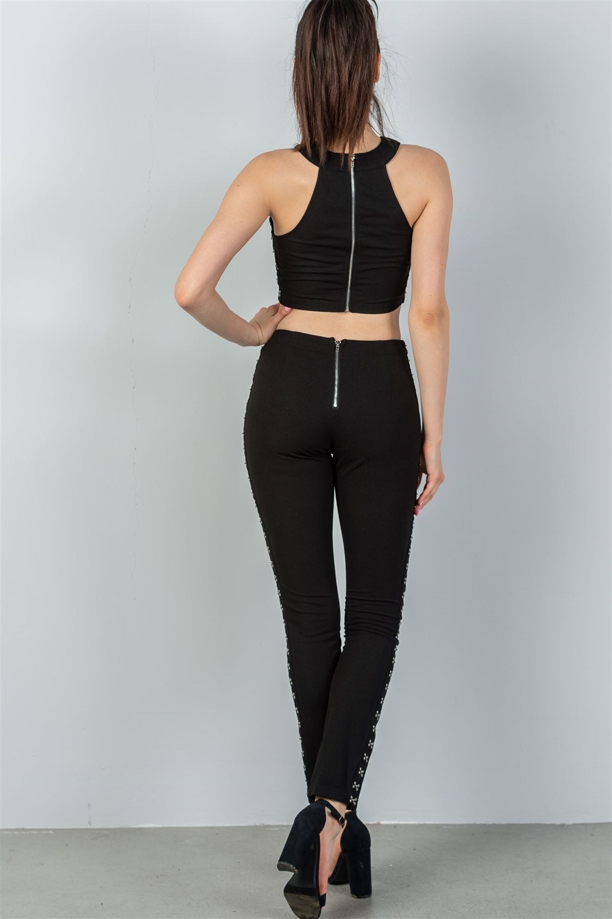 Ladies fashion black with silver hook and eye detail two piece set