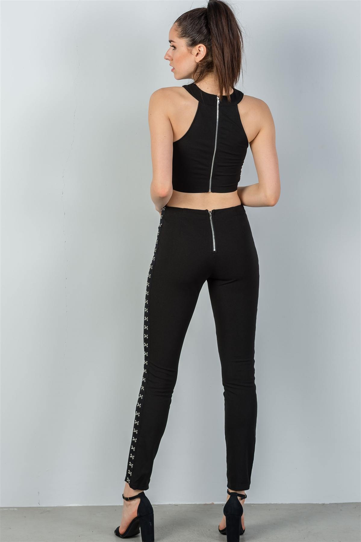 Ladies fashion black with silver hook and eye detail two piece set