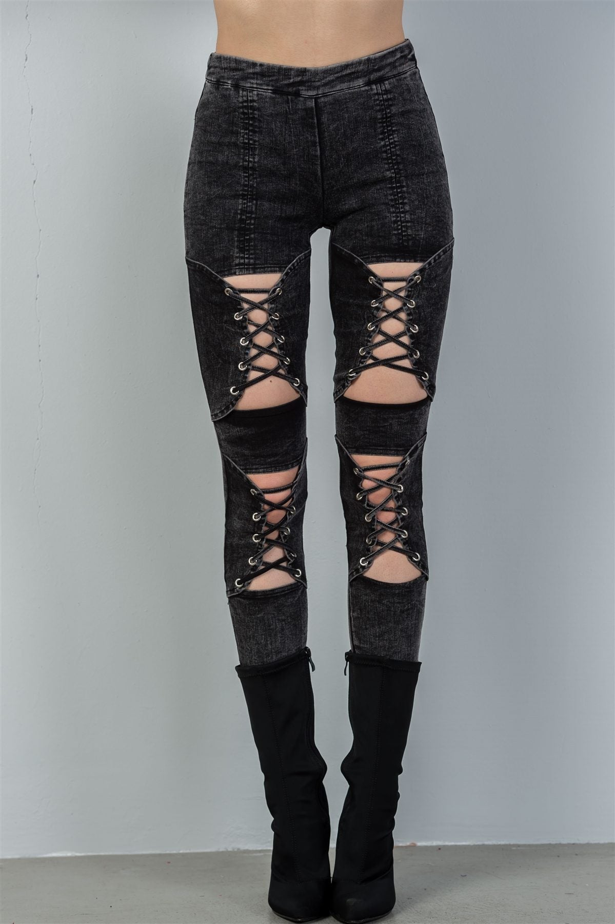 Ladies fashion grey criss cross leg high waist pants