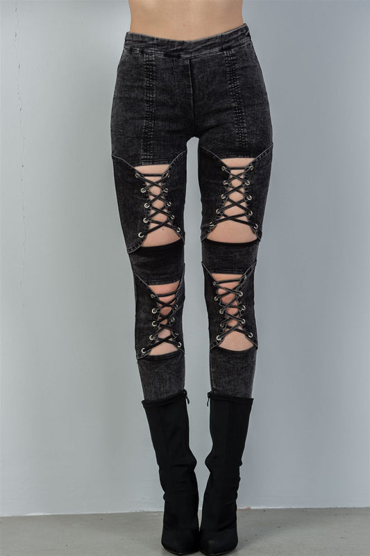 Ladies fashion grey criss cross leg high waist pants