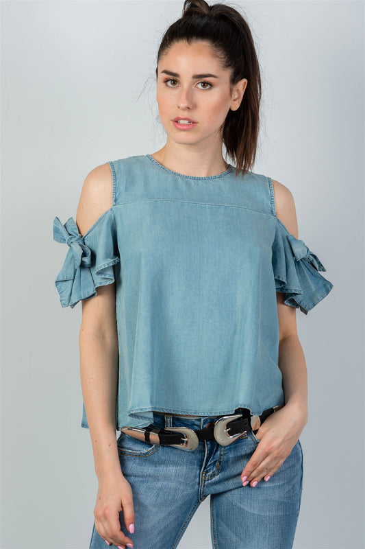 Ladies fashion denim bow tie sleeve cold shoulder top
