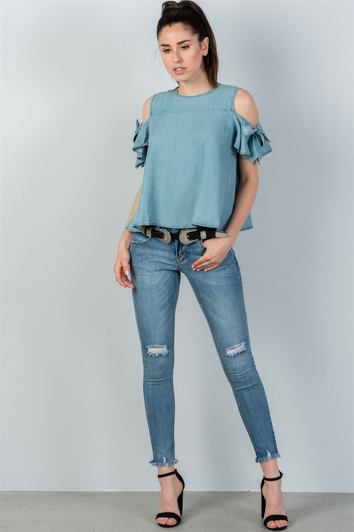 Ladies fashion denim bow tie sleeve cold shoulder top