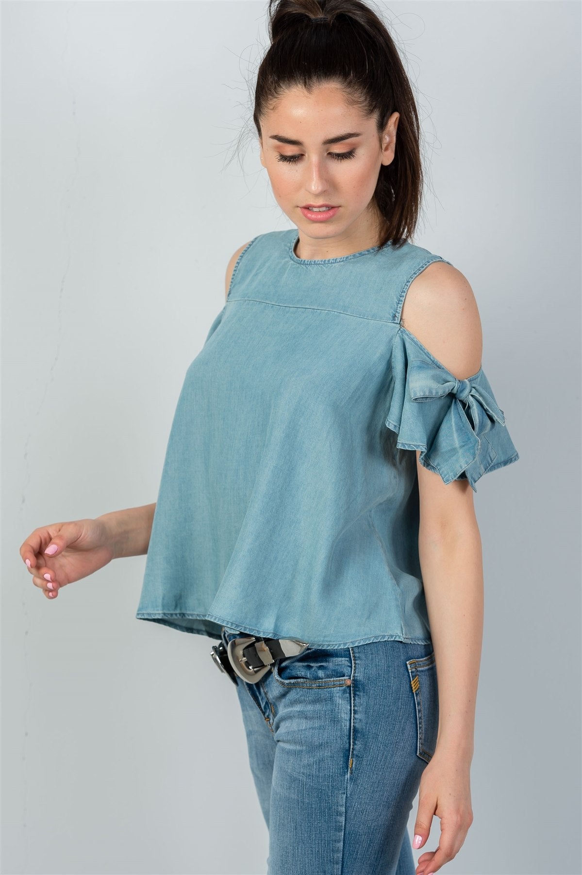 Ladies fashion denim bow tie sleeve cold shoulder top