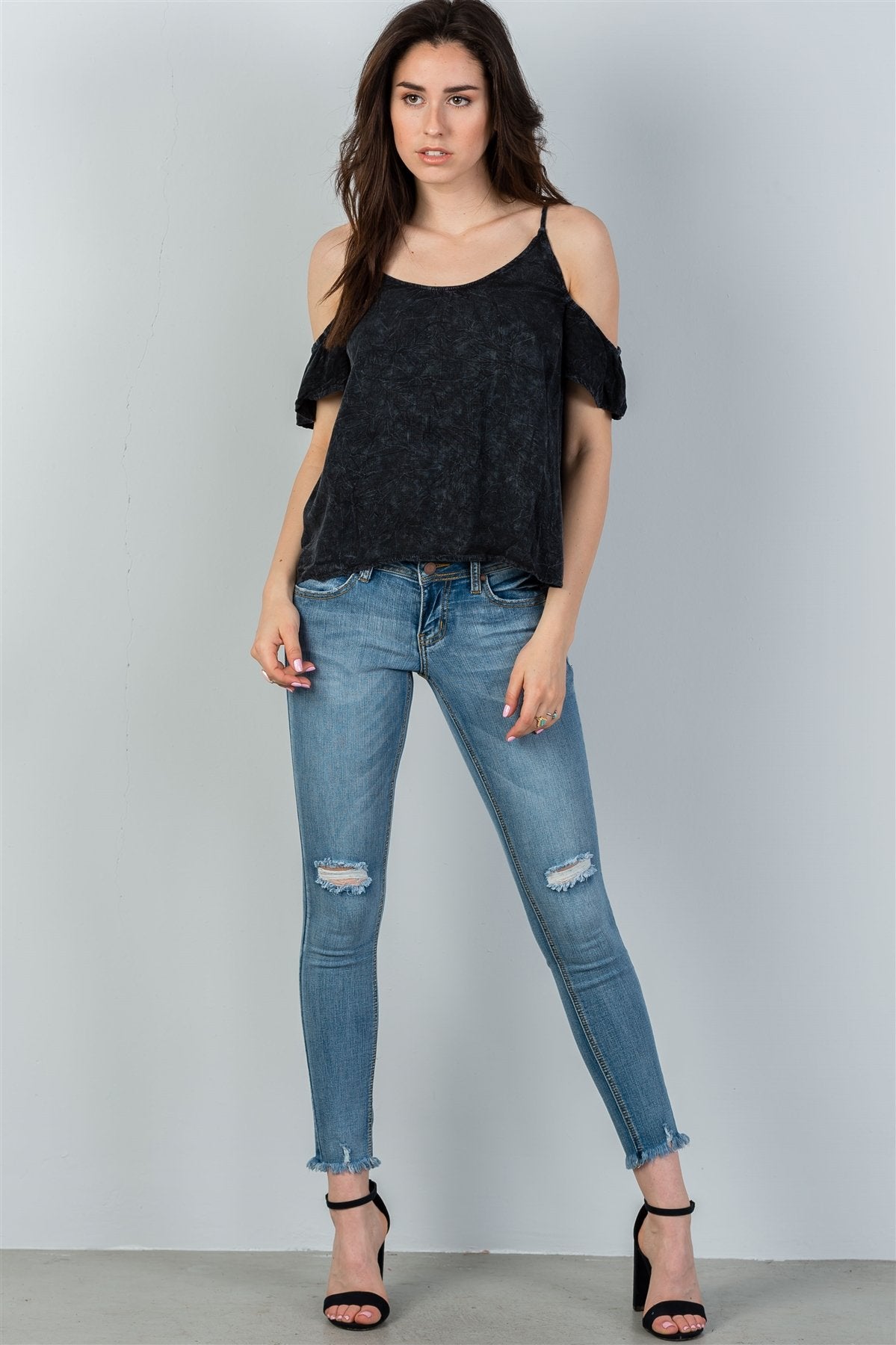 Ladies fashion boho charcoal acid wash cold shoulder shirt