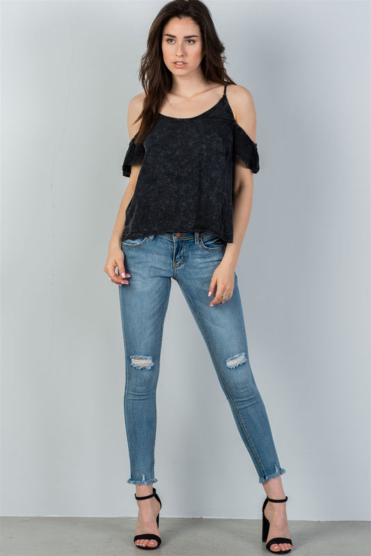Ladies fashion boho charcoal acid wash cold shoulder shirt