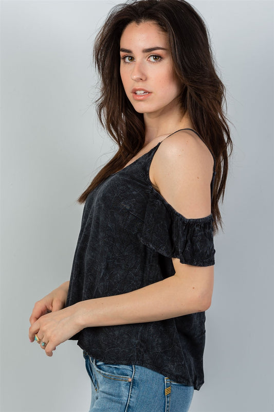 Ladies fashion boho charcoal acid wash cold shoulder shirt