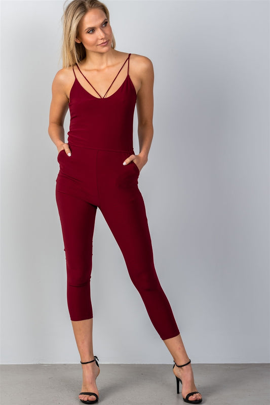 Ladies fashion wine double cami straps fitted jumpsuit