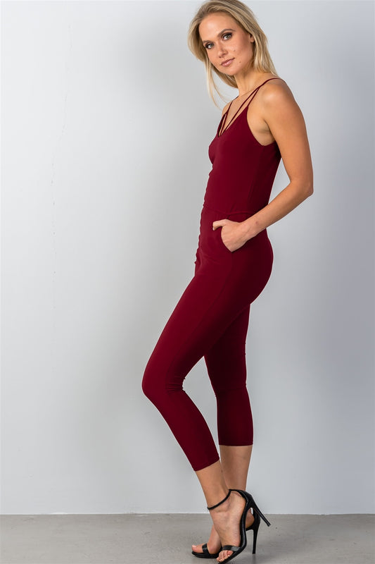 Ladies fashion wine double cami straps fitted jumpsuit