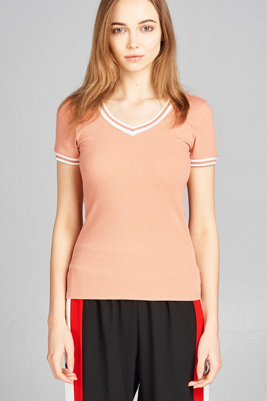 Ladies fashion short contrast ribbed sleeve and v-neck cotton spandex top