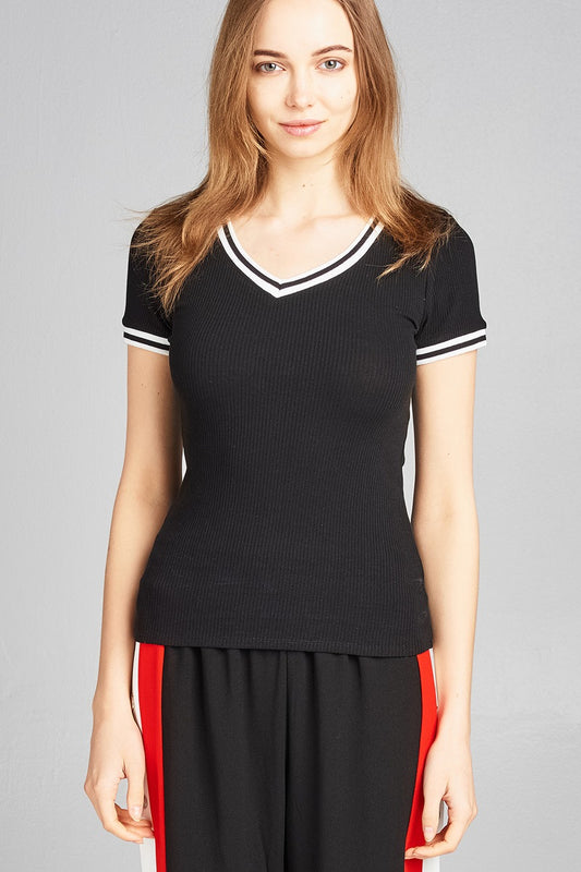 Ladies fashion short contrast ribbed sleeve and v-neck cotton spandex top