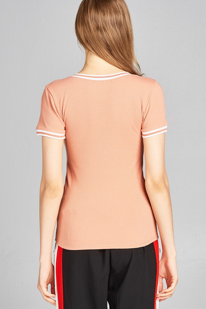 Ladies fashion short contrast ribbed sleeve and v-neck cotton spandex top