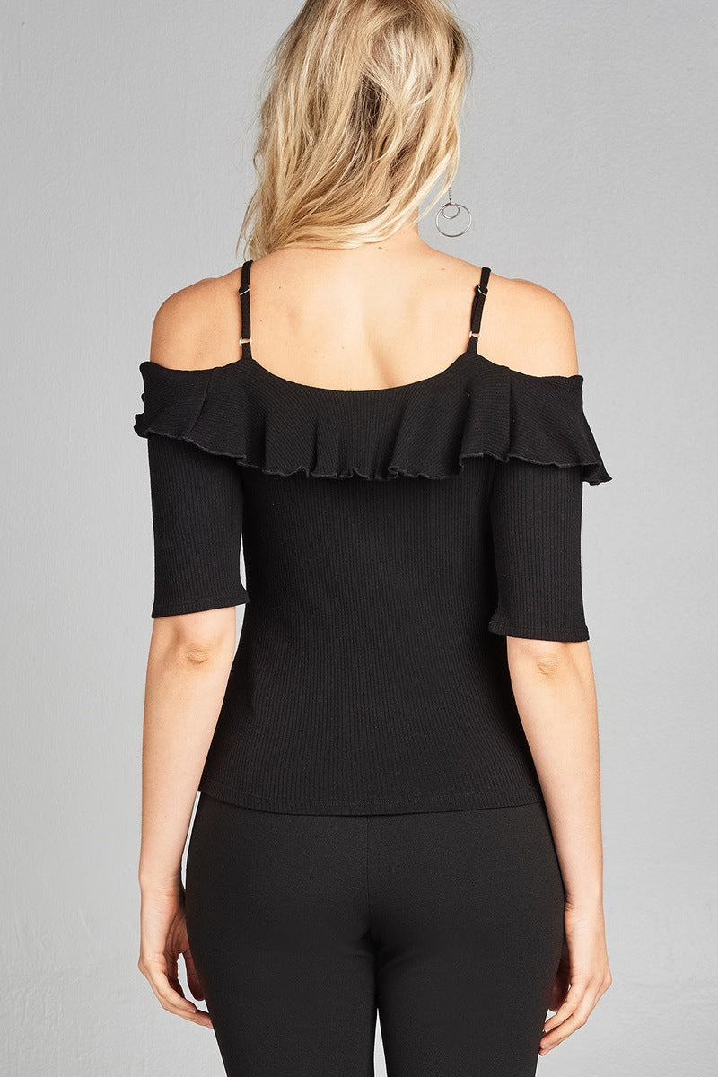 Ladies fashion elbow sleeve open shoulder w/ruffle ribbed cotton spandex top