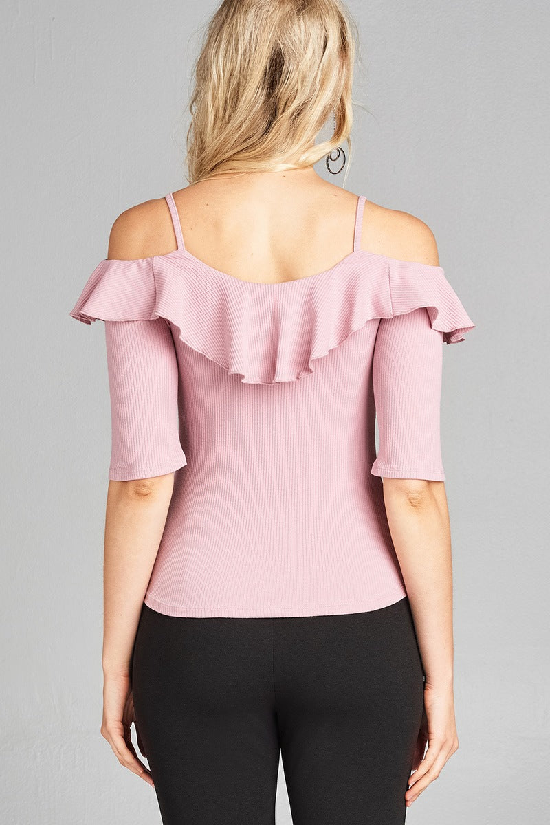 Ladies fashion elbow sleeve open shoulder w/ruffle ribbed cotton spandex top