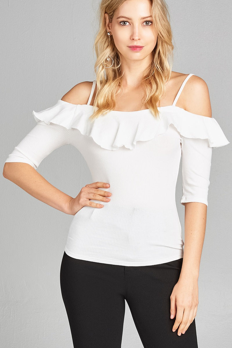 Ladies fashion elbow sleeve open shoulder w/ruffle ribbed cotton spandex top