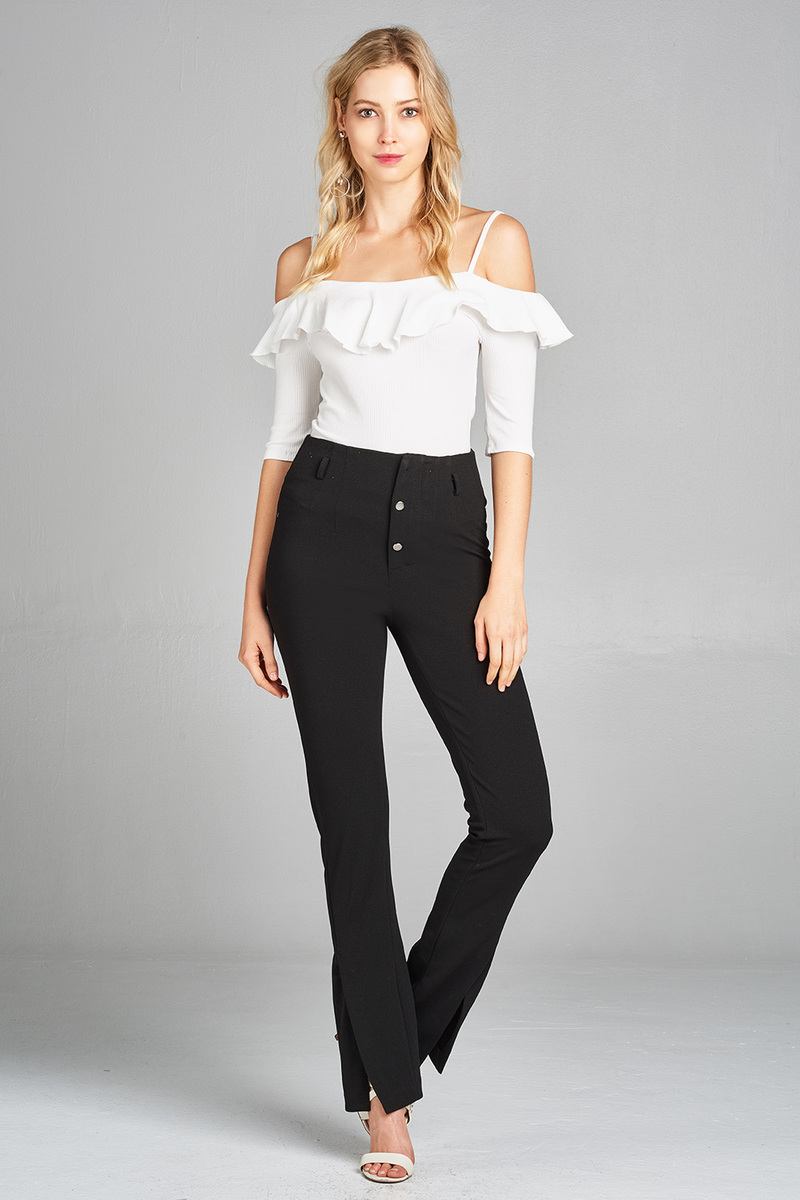 Ladies fashion elbow sleeve open shoulder w/ruffle ribbed cotton spandex top