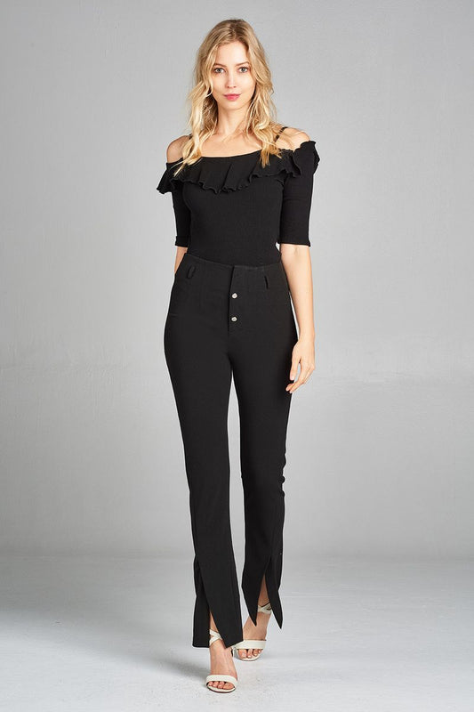 Ladies fashion elbow sleeve open shoulder w/ruffle ribbed cotton spandex top
