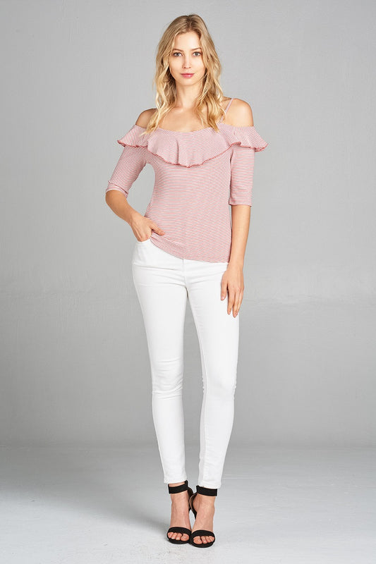 Ladies fashion elbow sleeve open shoulder w/ruffle stripe ribbed cotton spandex top