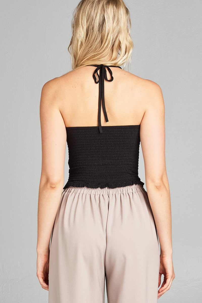 Ladies fashion halter neck w/smocked detail rayon spandex crop top