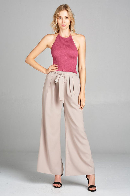 Ladies fashion halter neck w/smocked detail rayon spandex crop top