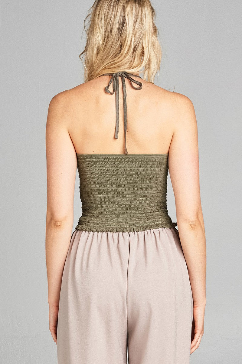 Ladies fashion halter neck w/smocked detail rayon spandex crop top
