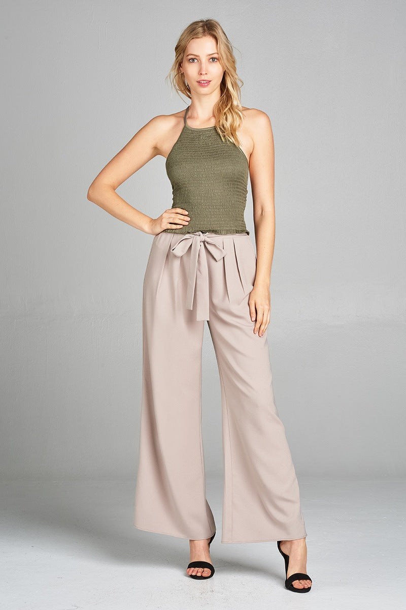 Ladies fashion halter neck w/smocked detail rayon spandex crop top