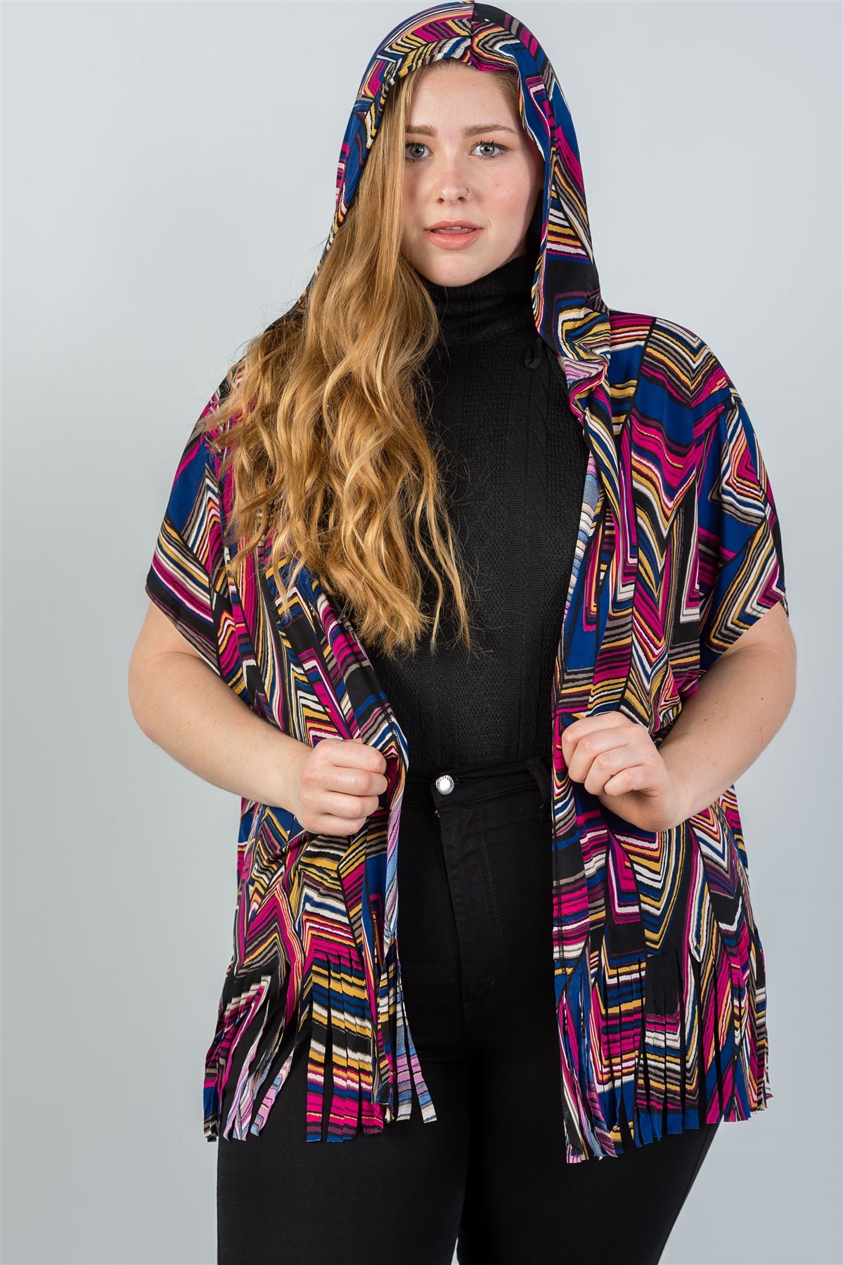Ladies fashion plus size short sleeves, fringe hem, open front, hoodie, mix print all over top
