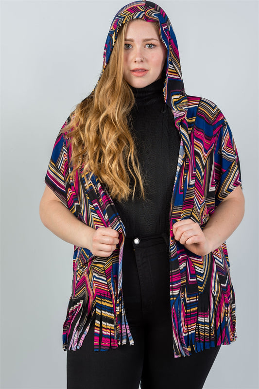 Ladies fashion plus size short sleeves, fringe hem, open front, hoodie, mix print all over top