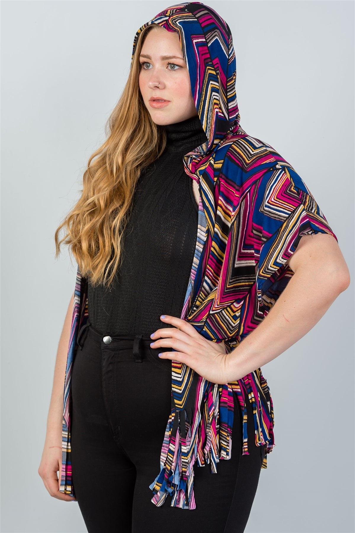Ladies fashion plus size short sleeves, fringe hem, open front, hoodie, mix print all over top
