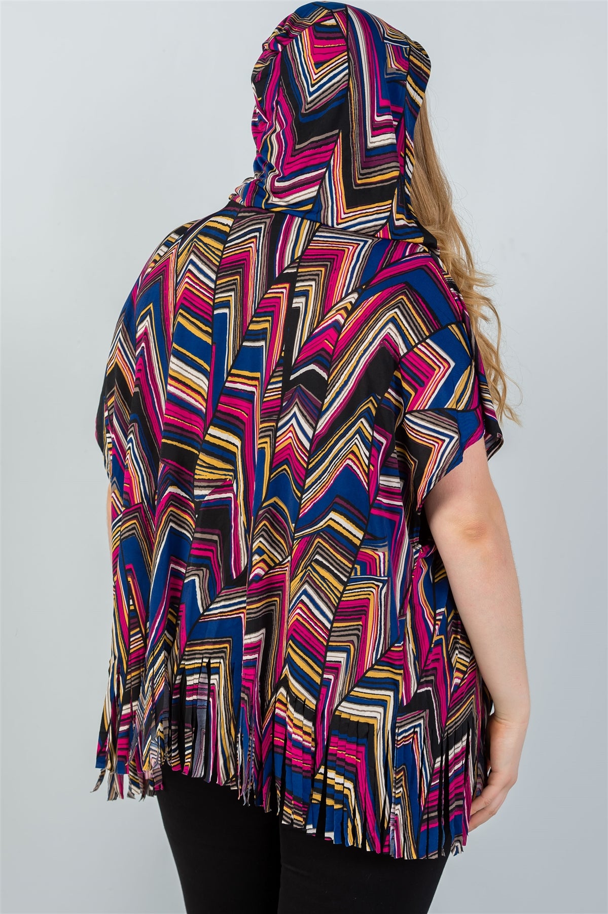 Ladies fashion plus size short sleeves, fringe hem, open front, hoodie, mix print all over top