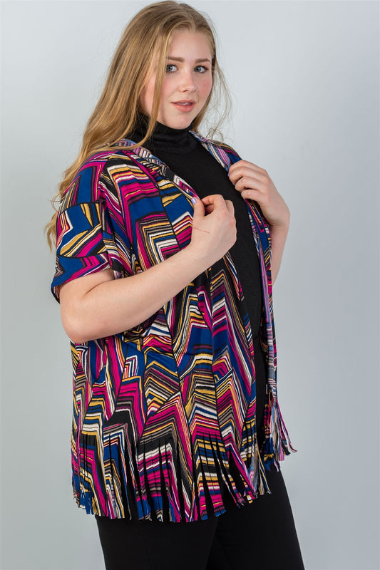Ladies fashion plus size short sleeves, fringe hem, open front, hoodie, mix print all over top
