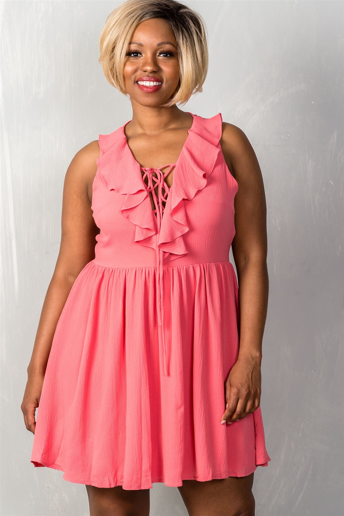 Ladies fashion plus size sleeveless lace up v neck with a ruffle neckline back zipper closure flaring skater dress