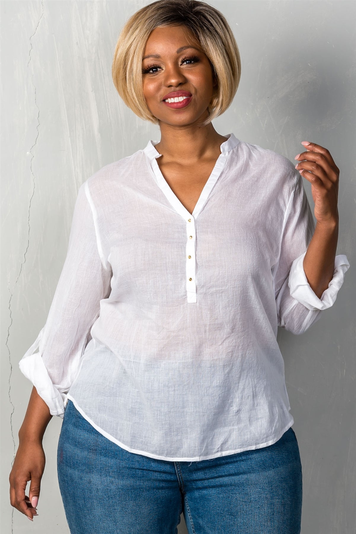 Ladies fashion plus size roll-sleeve with spike button detail v neckline with spike top