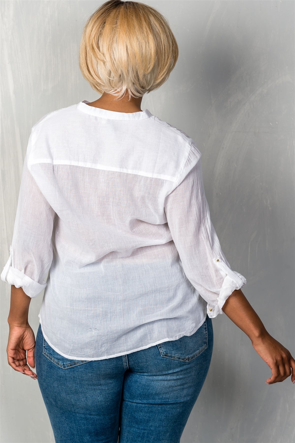 Ladies fashion plus size roll-sleeve with spike button detail v neckline with spike top