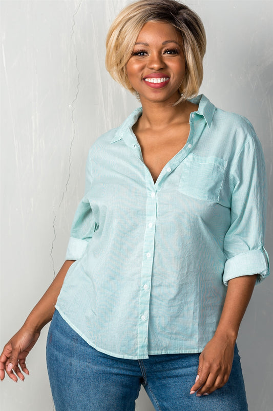 Ladies fashion plus size striped print button down closure long sleeves with roll sleeve top