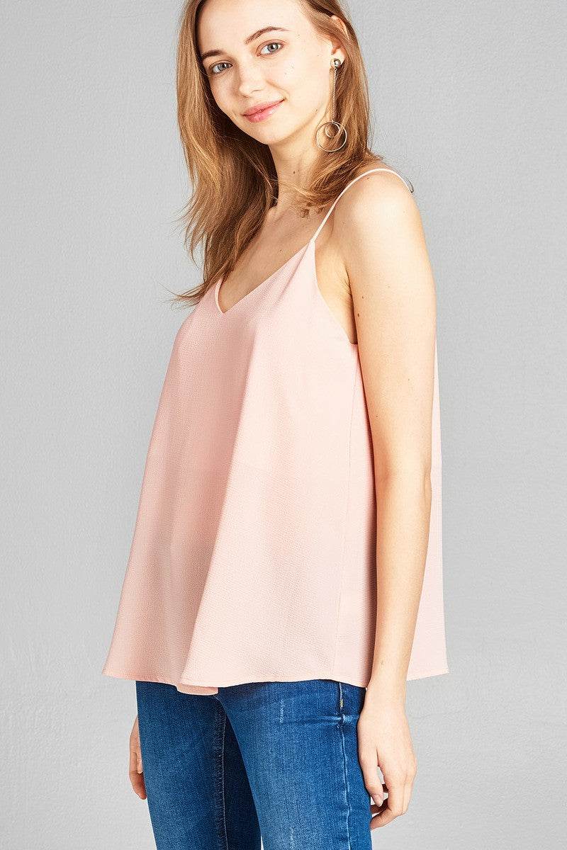 Ladies fashion v-neck w/back cross strap woven cami top