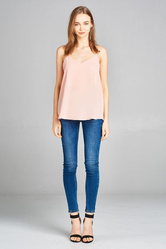 Ladies fashion v-neck w/back cross strap woven cami top