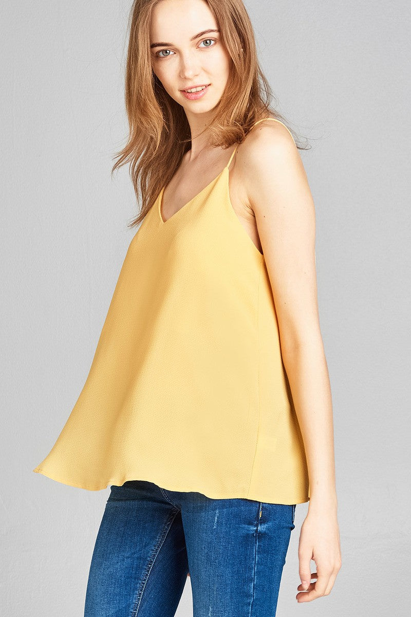 Ladies fashion v-neck w/back cross strap woven cami top