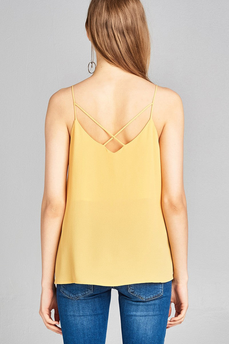 Ladies fashion v-neck w/back cross strap woven cami top