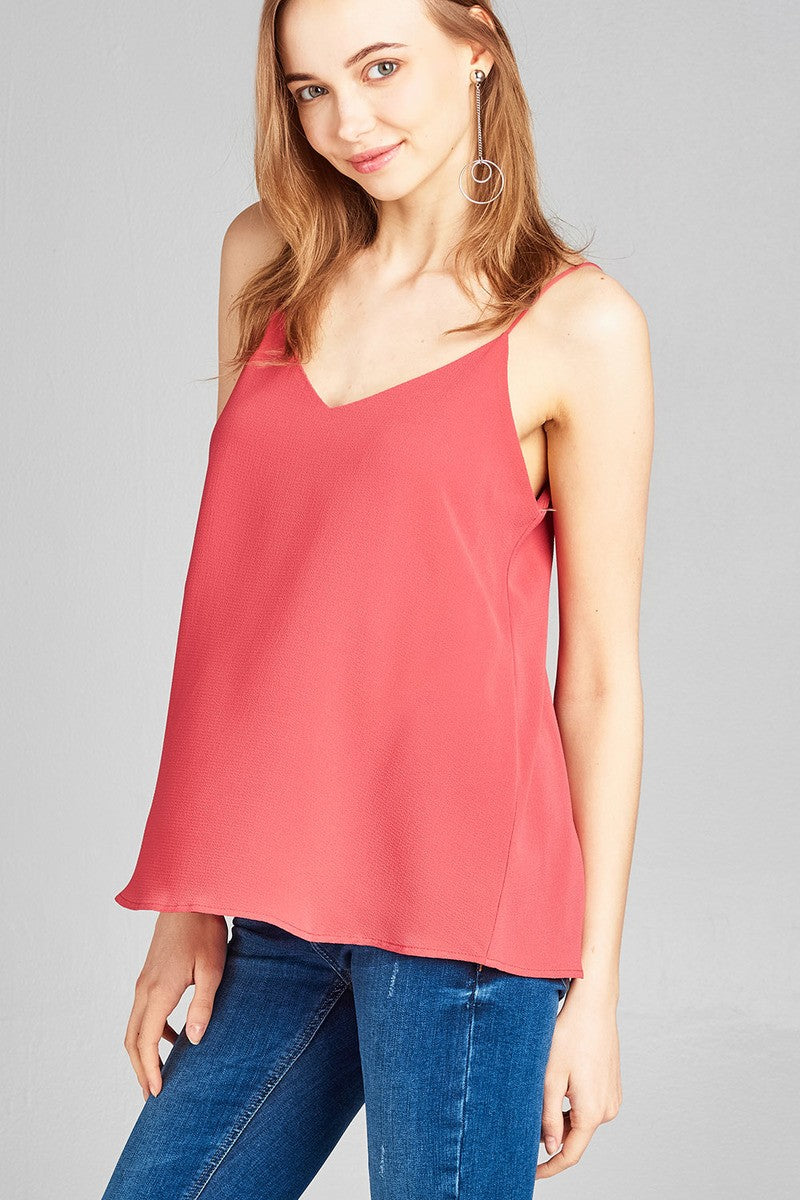 Ladies fashion v-neck w/back cross strap woven cami top