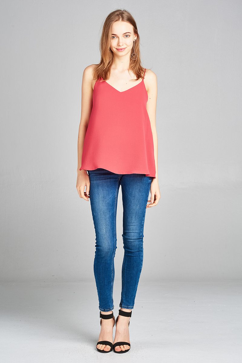Ladies fashion v-neck w/back cross strap woven cami top