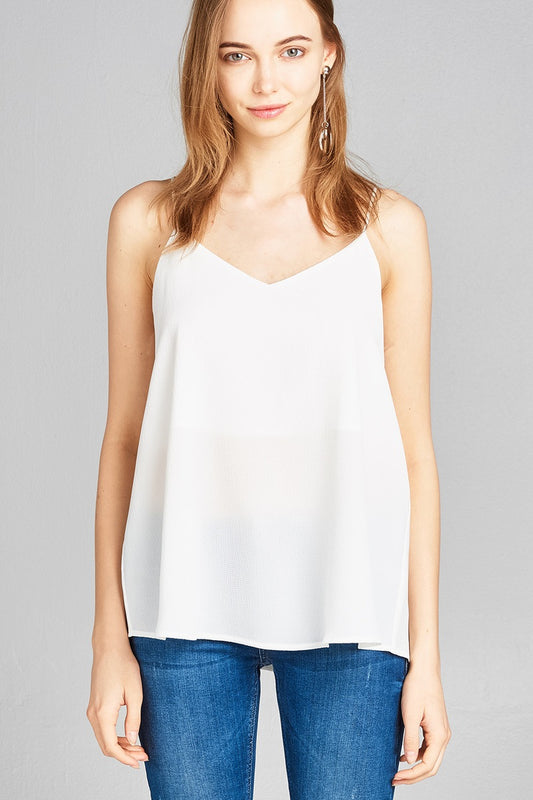 Ladies fashion v-neck w/back cross strap woven cami top