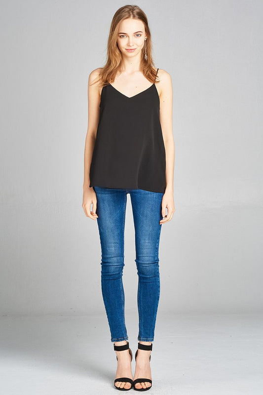 Ladies fashion v-neck w/back cross strap woven cami top